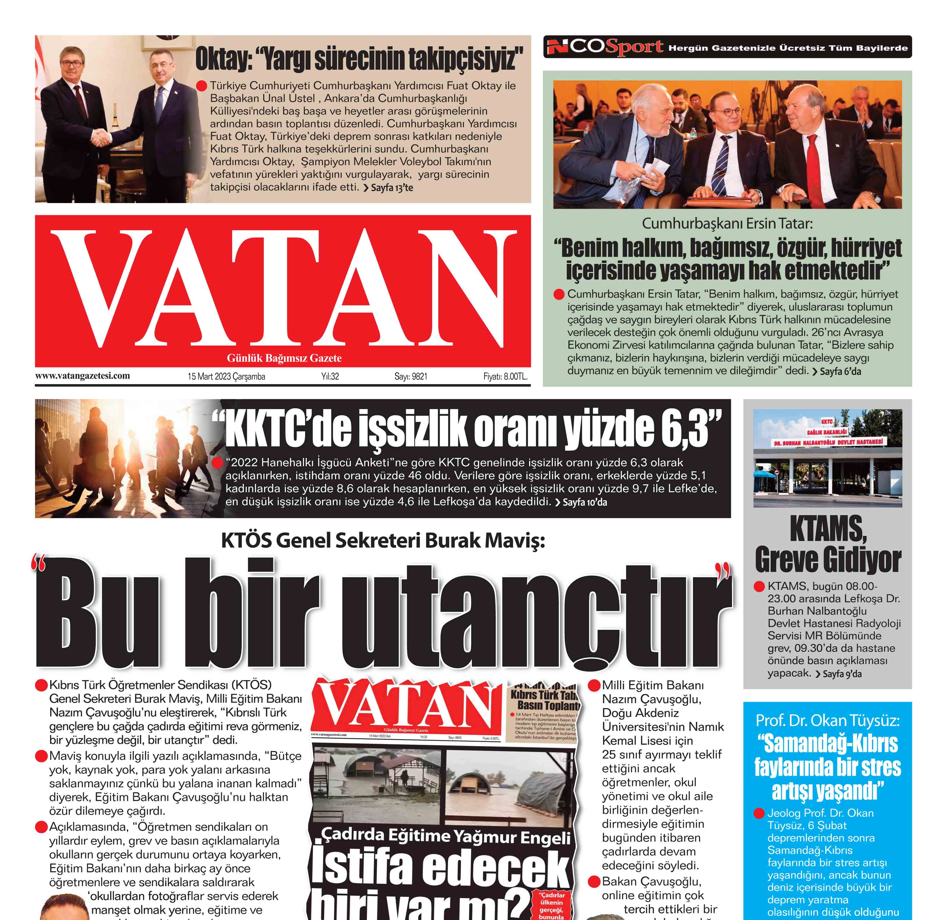 VATAN Manşet - 15 Mart 2023