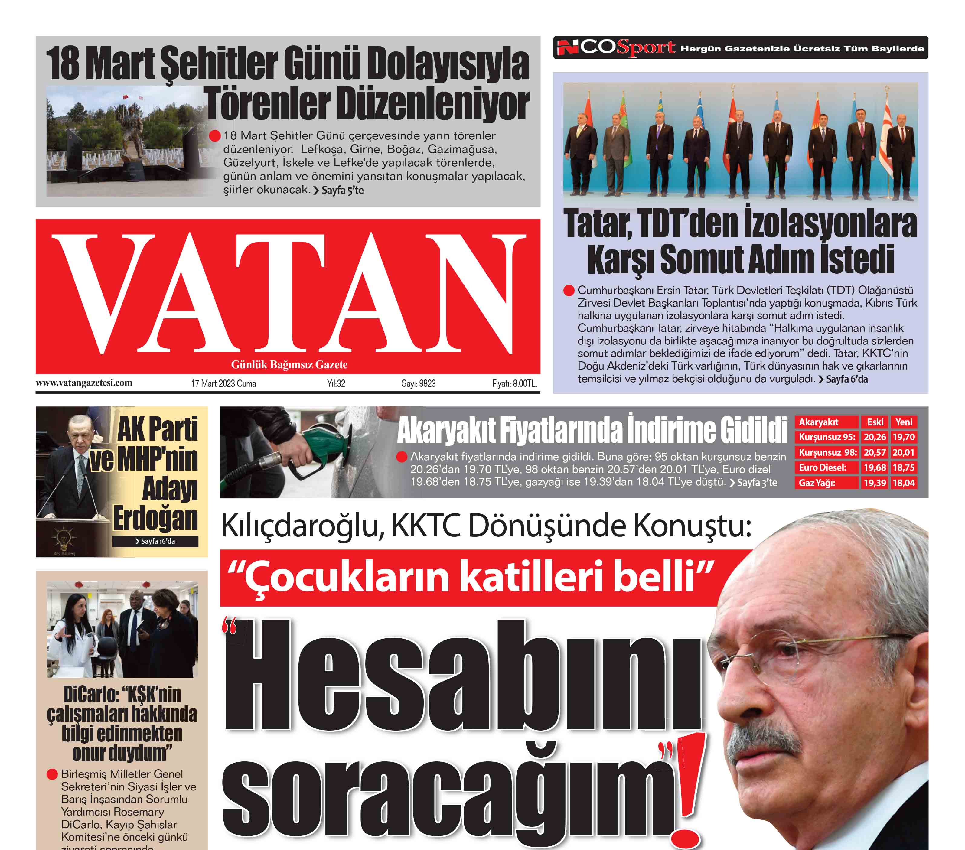 VATAN Manşet - 17 Mart 2023