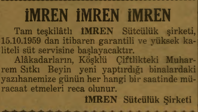 1771748151559İmren Sütçülük’e Ait Ilan (12.10.1959, Bozkurt Gazetesi)