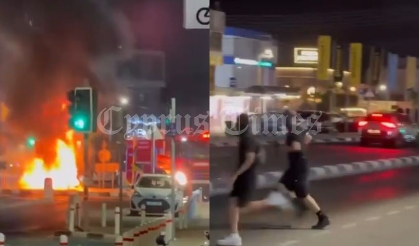 Limasol’da maskeli gençler trafik çemberine yığdıkları araba lastiklerini yaktı